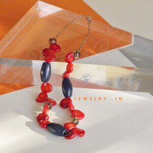New red coral with lapis lazuli and quartz sterling silver choker necklace